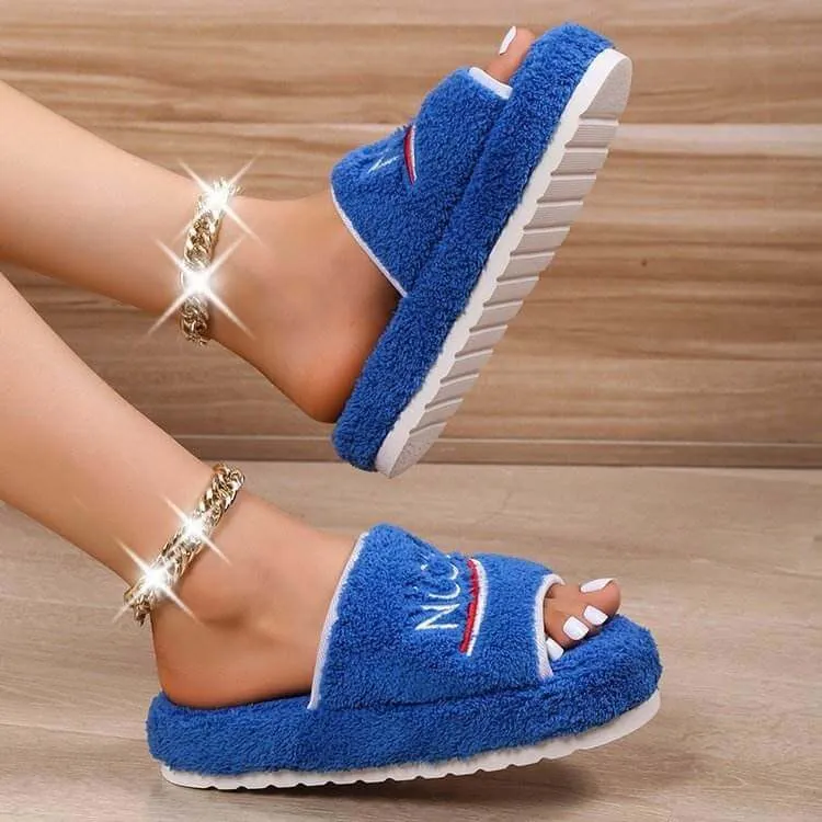 Peep Toe House Slippers For Women Winter Furry Shoes