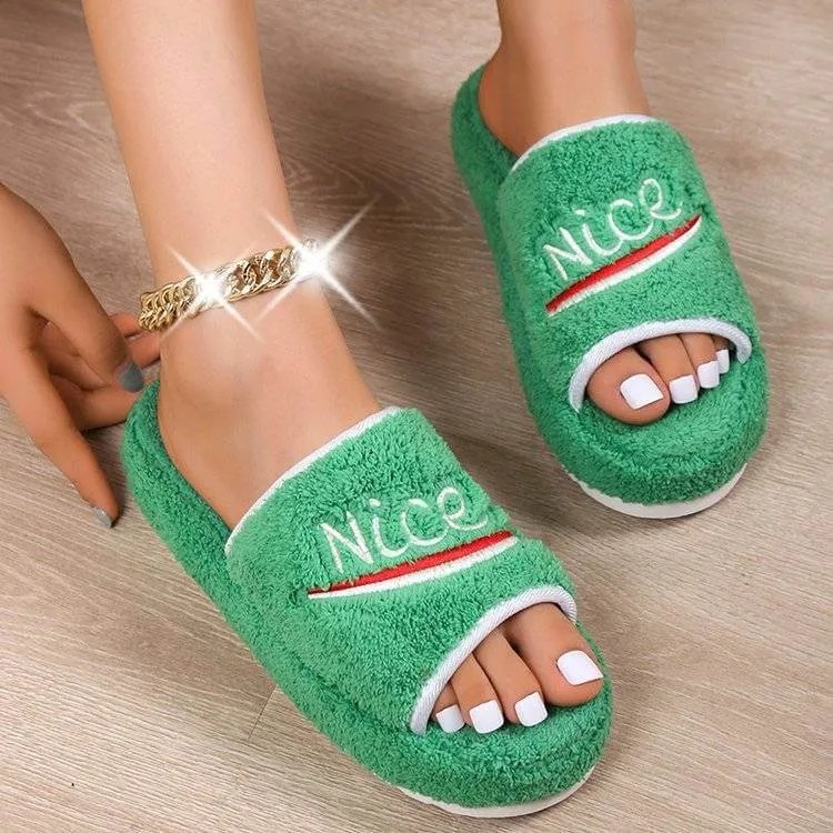 Peep Toe House Slippers For Women Winter Furry Shoes