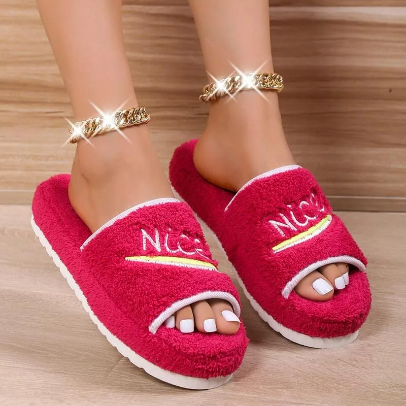 Peep Toe House Slippers For Women Winter Furry Shoes