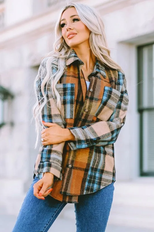 Plaid Block Buttoned Shirt with Pockets