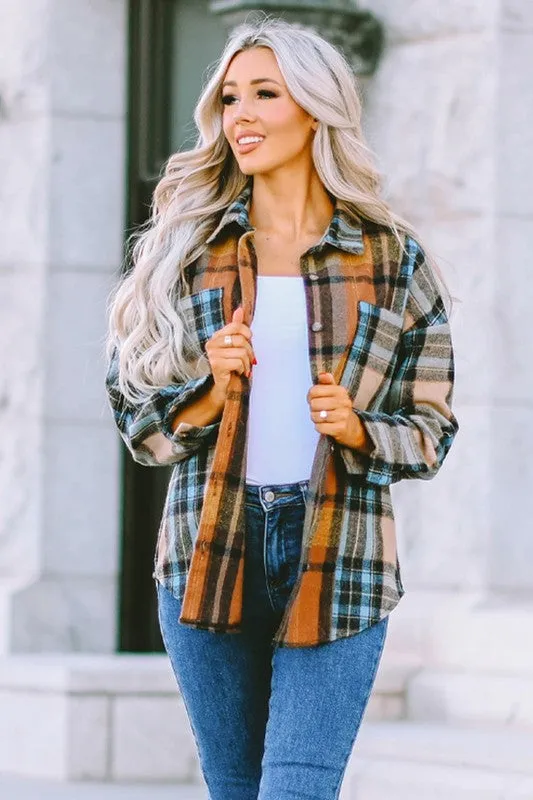 Plaid Block Buttoned Shirt with Pockets