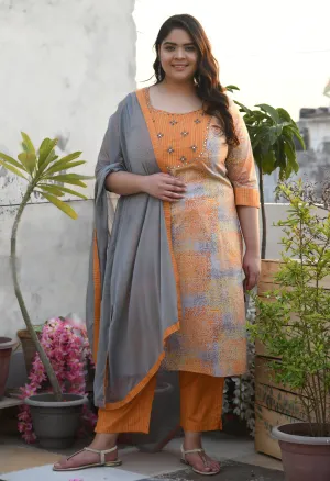 Plus Size Pastel Mustard Cotton Kurta Pant Set with Dupatta