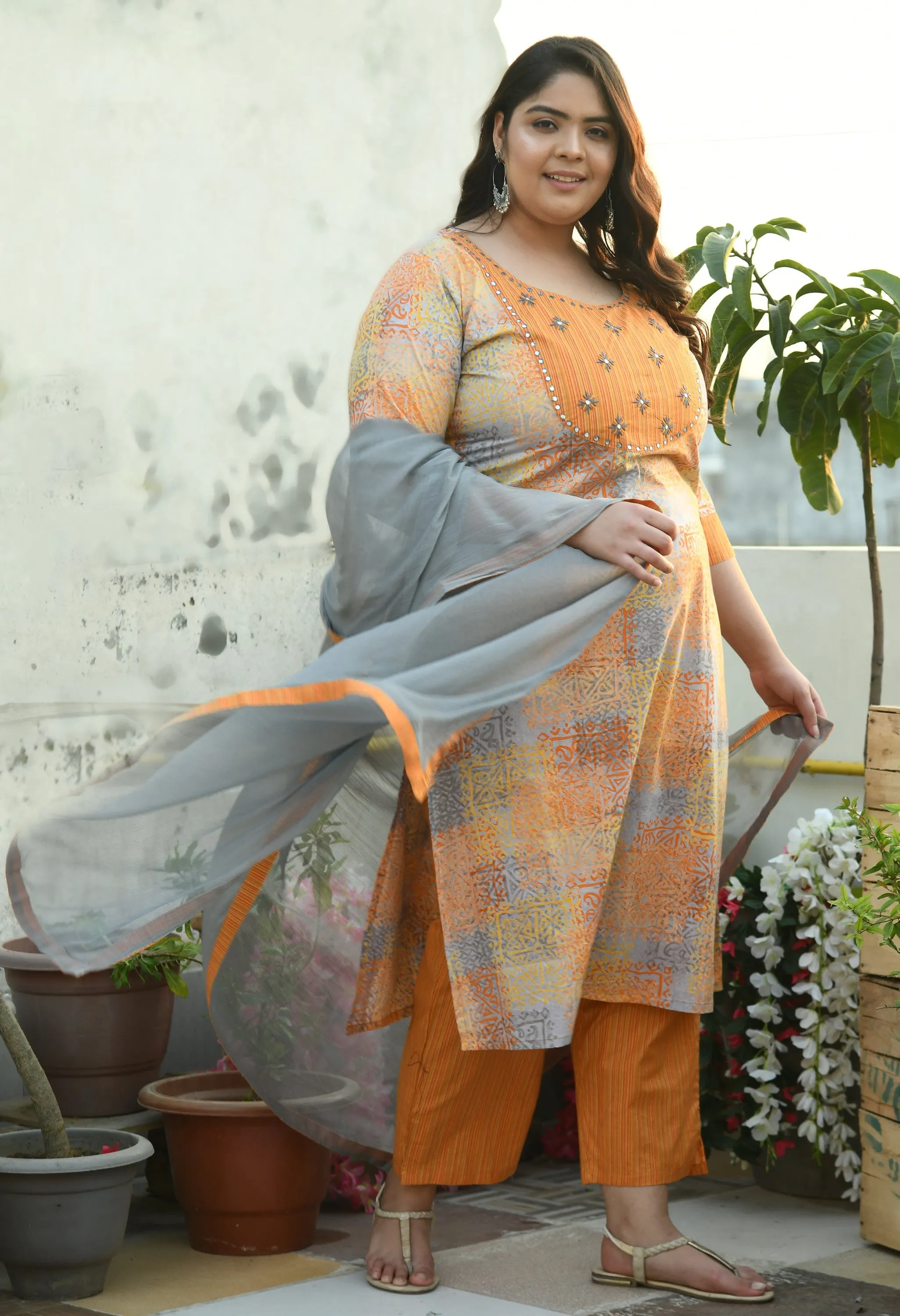 Plus Size Pastel Mustard Cotton Kurta Pant Set with Dupatta