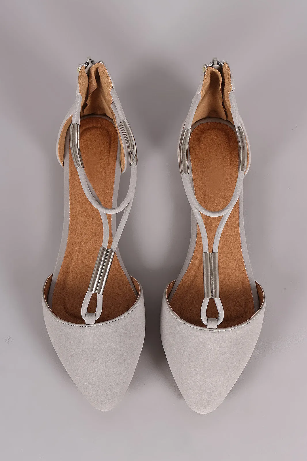 Qupid Metallic Hardware T-Strap Pointy Toe Flat