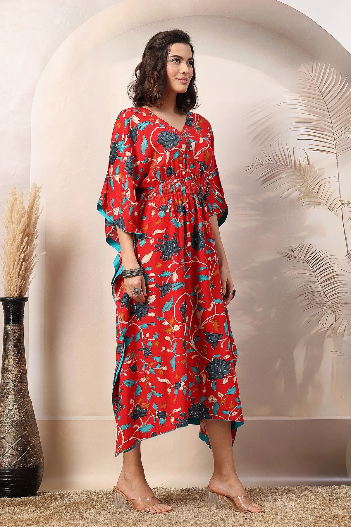 Red Scarlet Blossom Zipless Feeding Maternity Kaftan