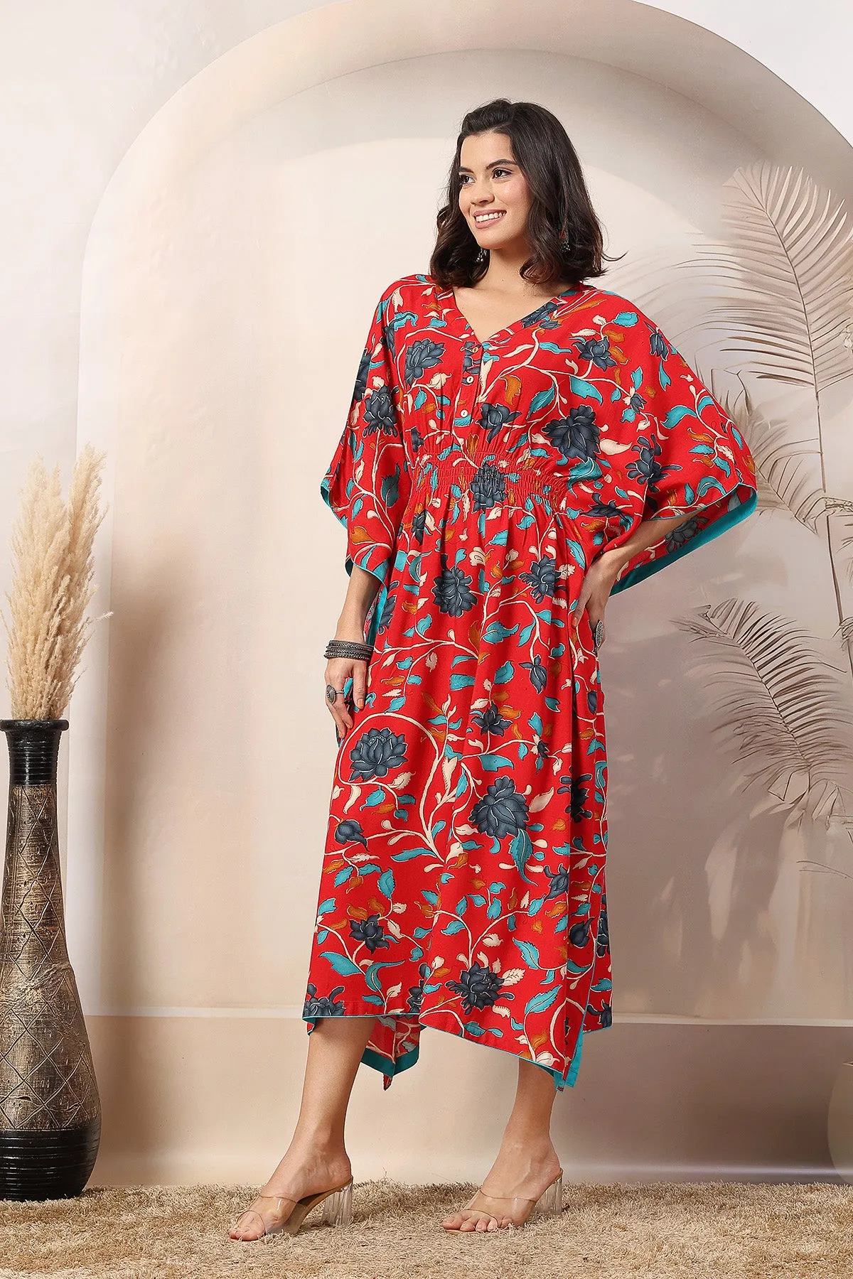 Red Scarlet Blossom Zipless Feeding Maternity Kaftan