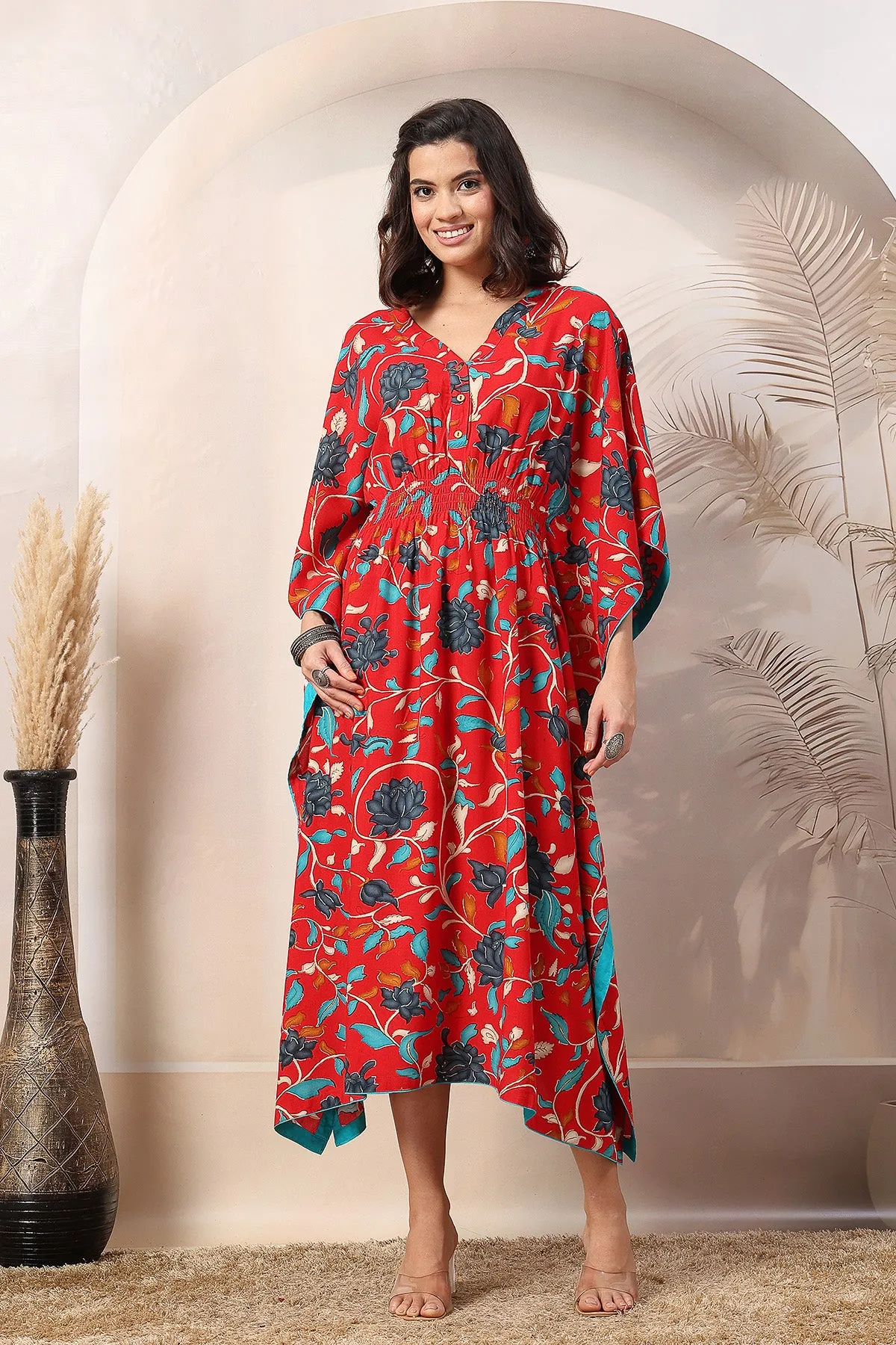 Red Scarlet Blossom Zipless Feeding Maternity Kaftan