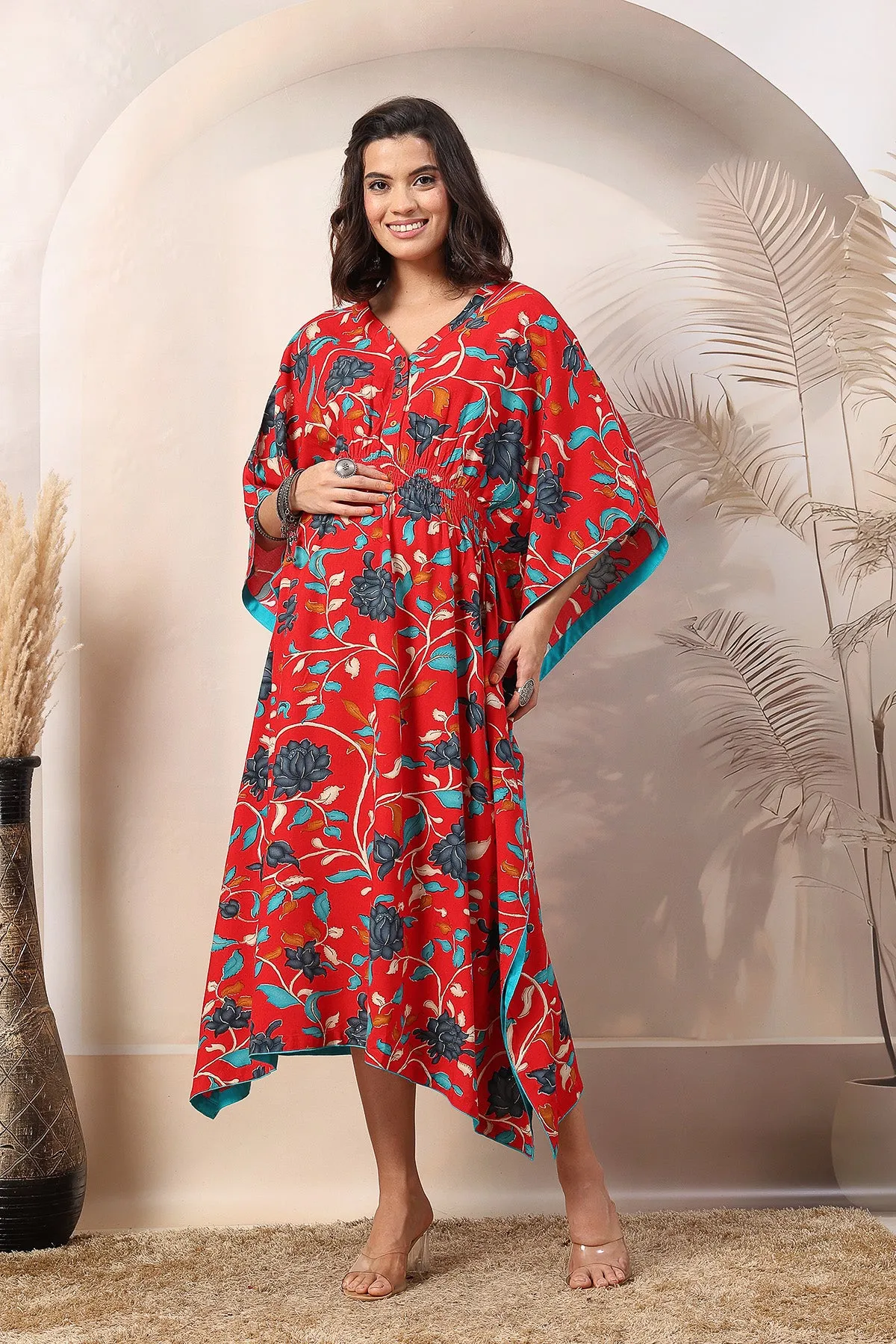 Red Scarlet Blossom Zipless Feeding Maternity Kaftan