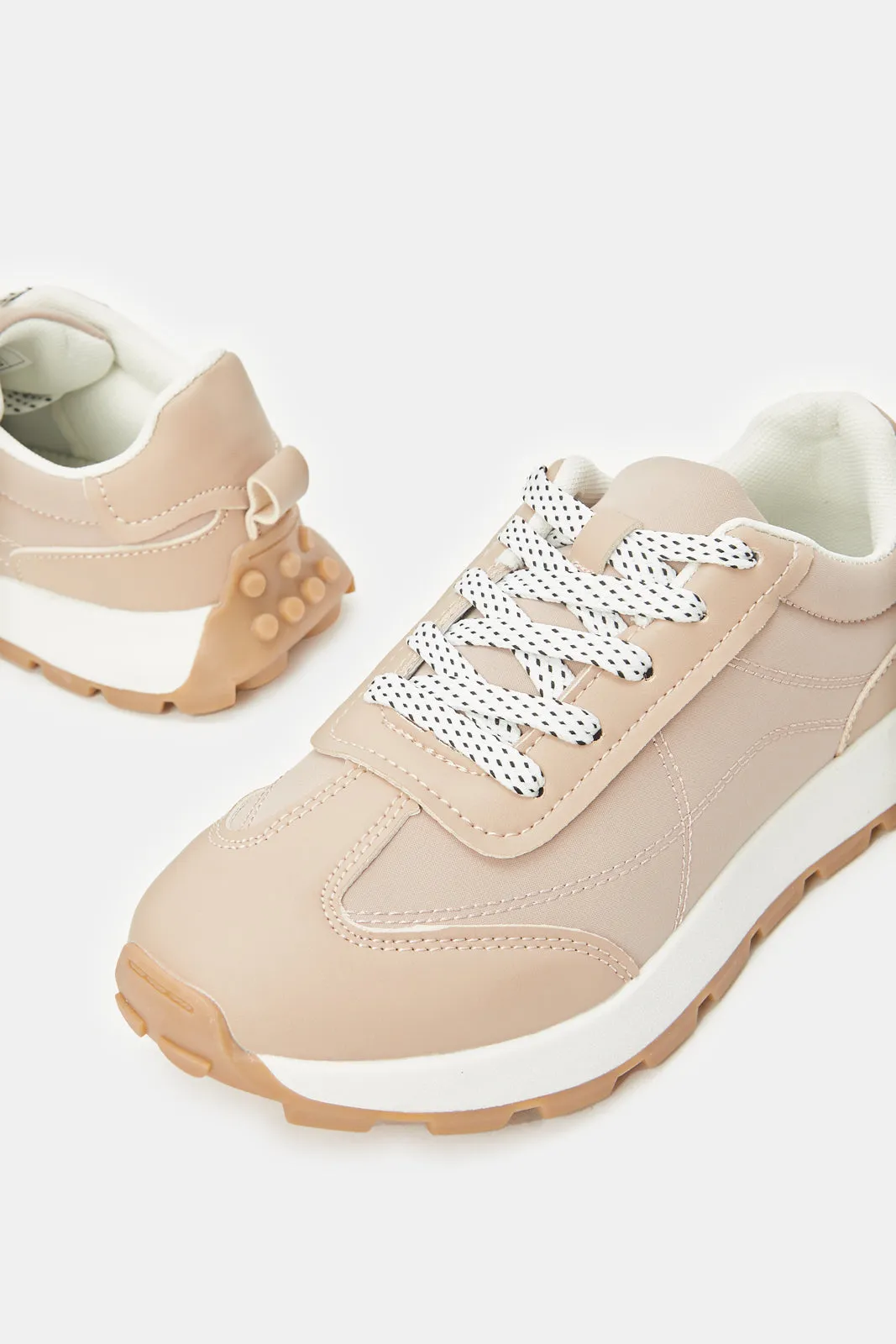 Senior Girls Beige Lace-Up Sneakers