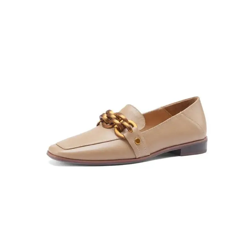 Square-Toe Flat Loafers with Elegant Metal Buckle