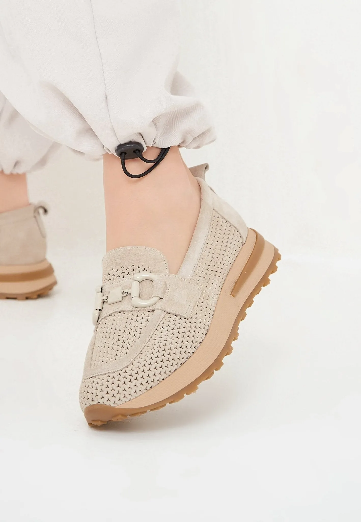 Suede Laser Cut Loafers - Beige