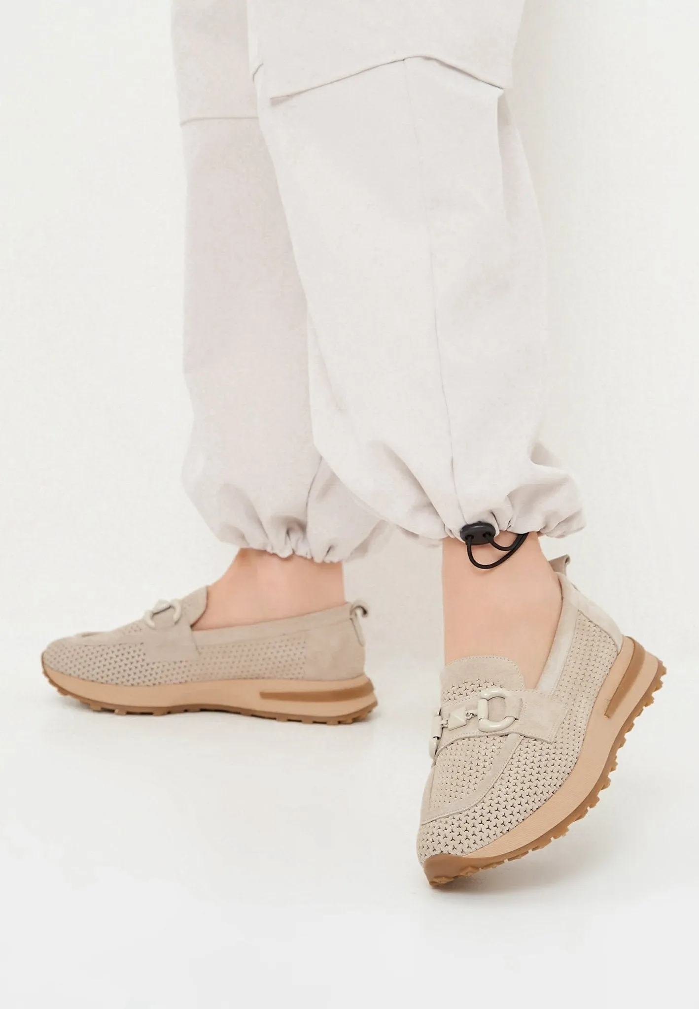 Suede Laser Cut Loafers - Beige