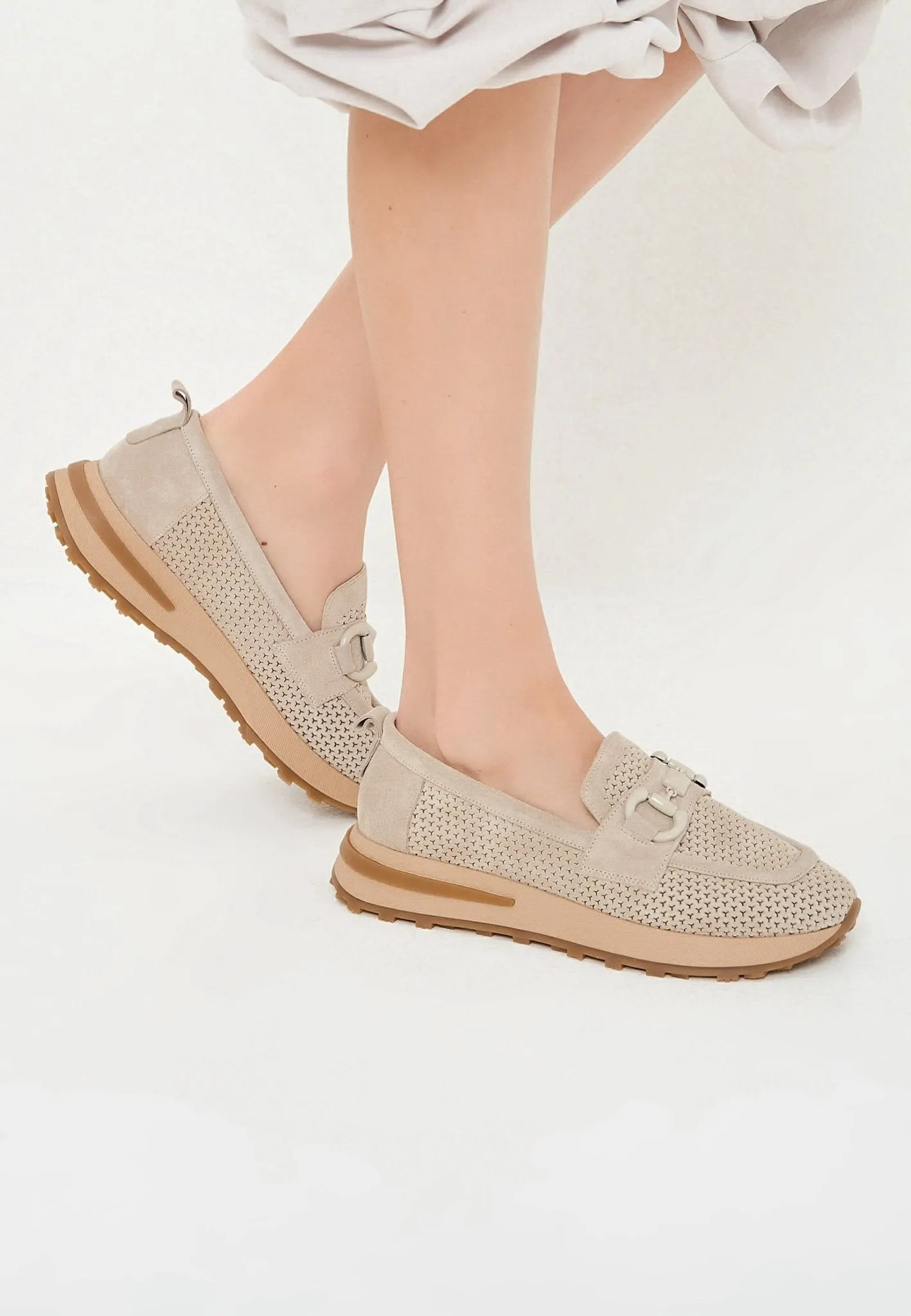 Suede Laser Cut Loafers - Beige