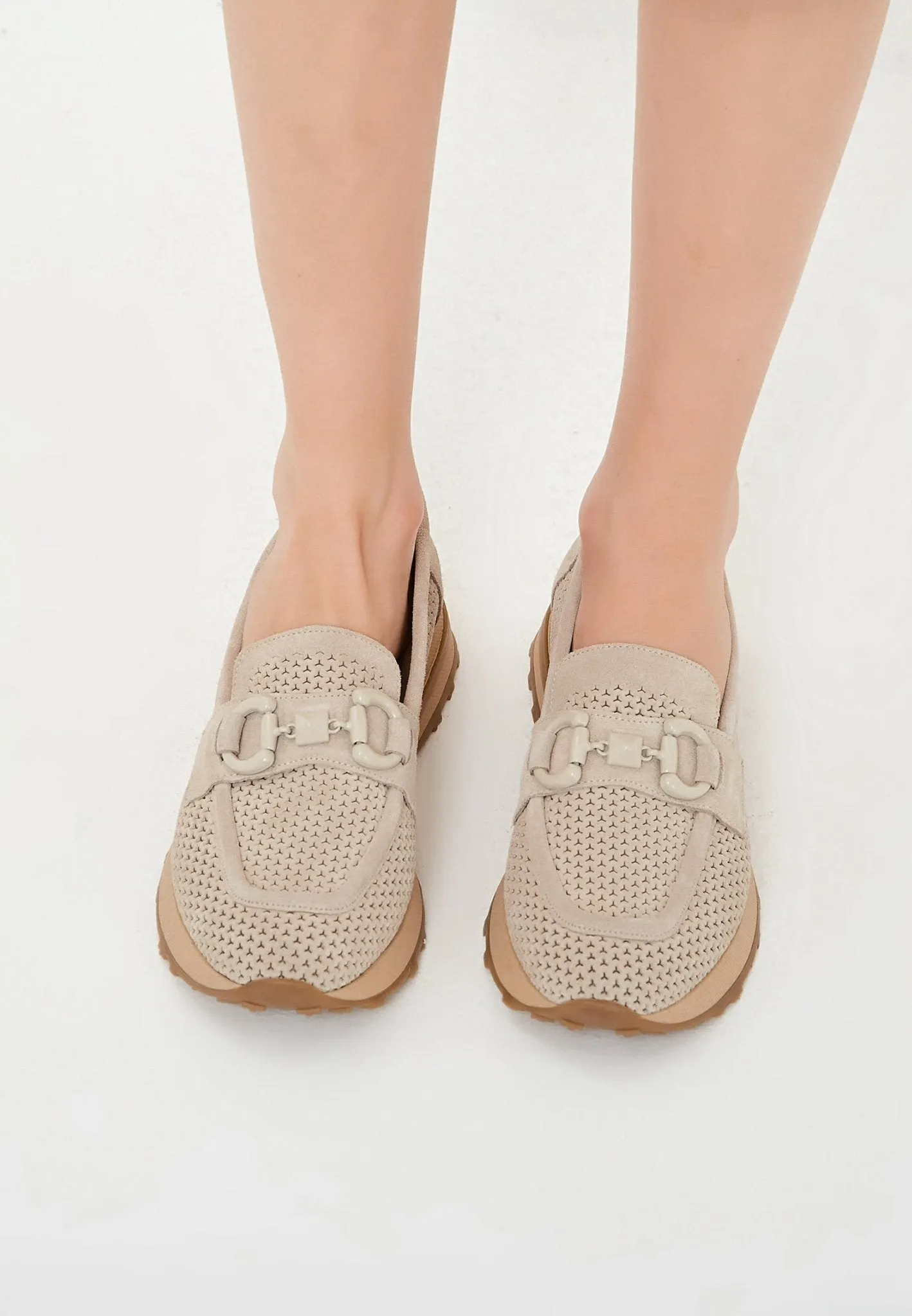 Suede Laser Cut Loafers - Beige