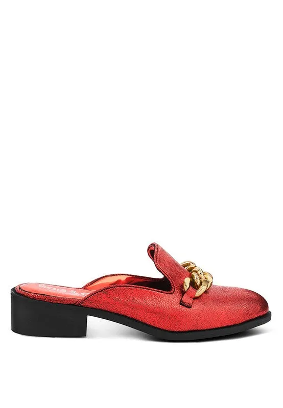 The Azka -  Metal Chain Red/Black Leather Mules For Women