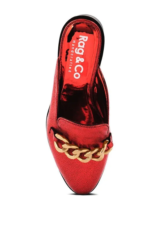 The Azka -  Metal Chain Red/Black Leather Mules For Women