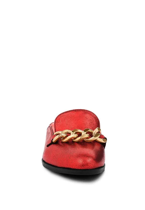 The Azka -  Metal Chain Red/Black Leather Mules For Women