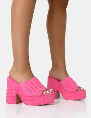 Wavez Pink Terry Towelling Round Toe Platform Block Heel Mules