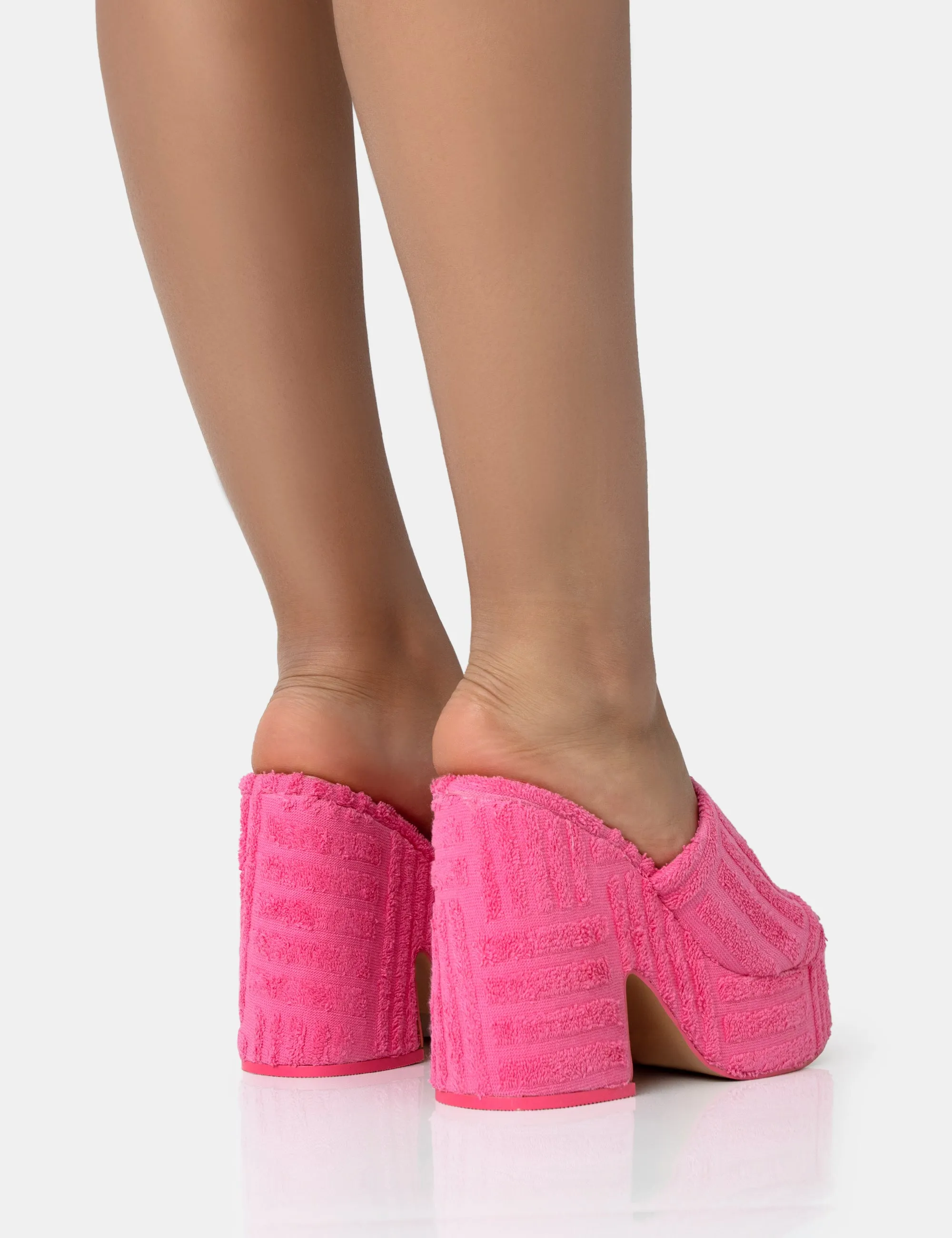 Wavez Pink Terry Towelling Round Toe Platform Block Heel Mules