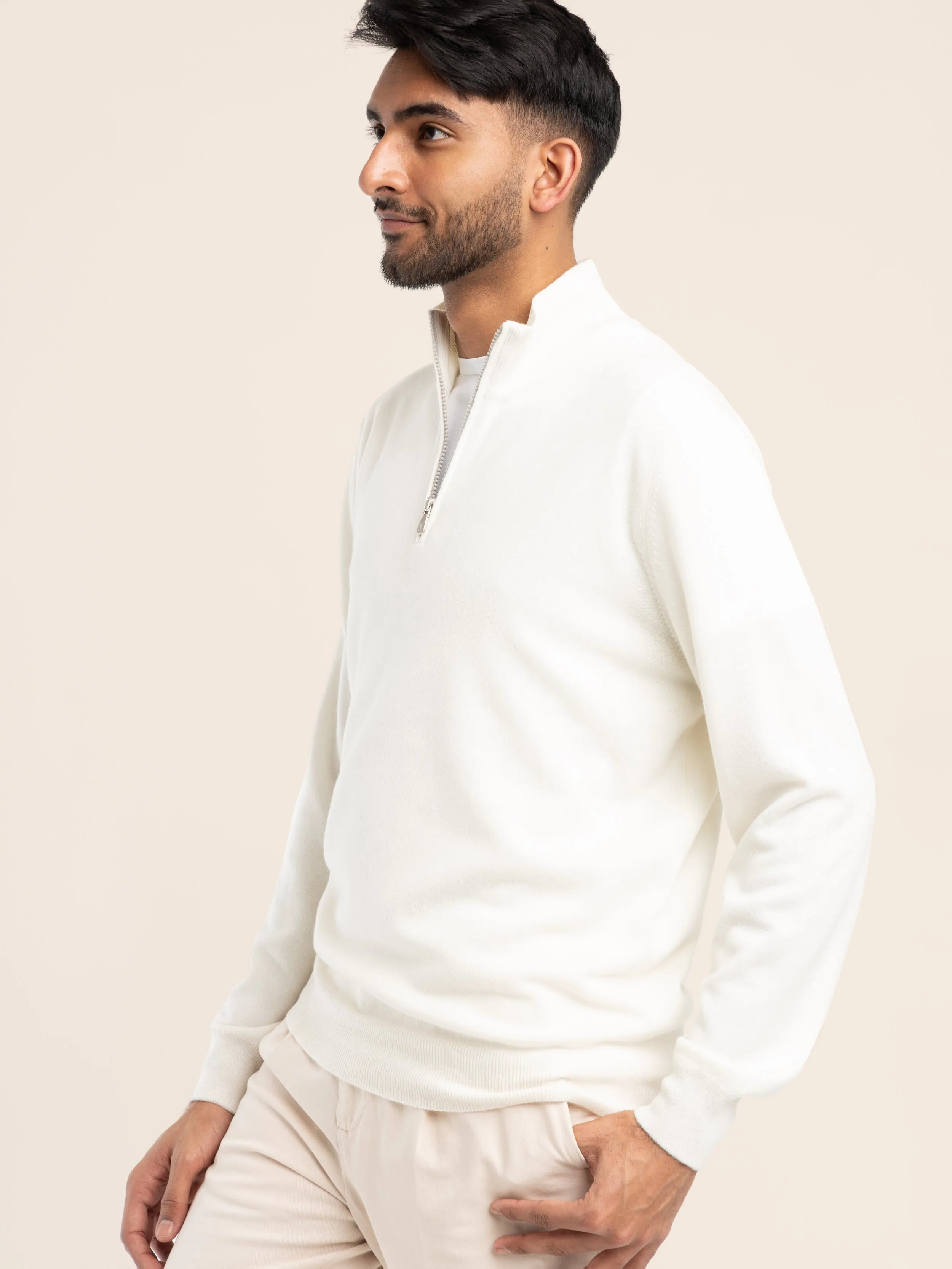 White Cashmere Quarter Zip Sweater