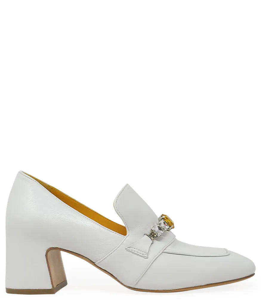 White Leather Mid Heel Jeweled Loafer