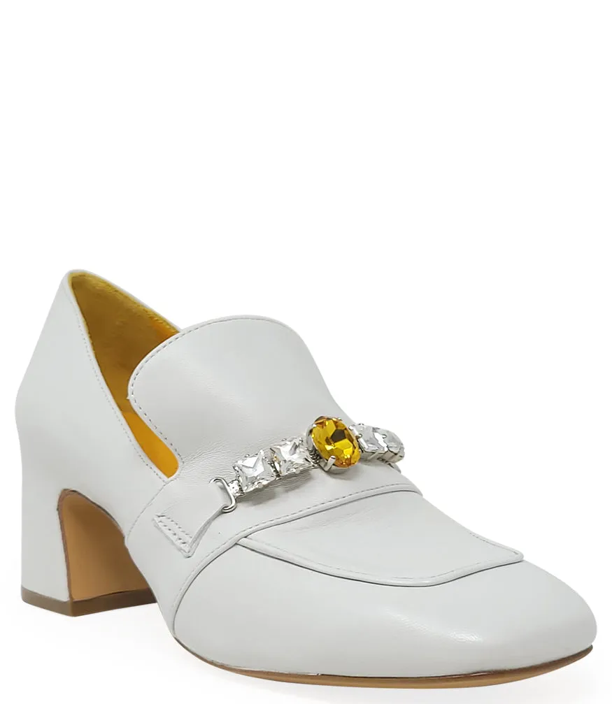 White Leather Mid Heel Jeweled Loafer