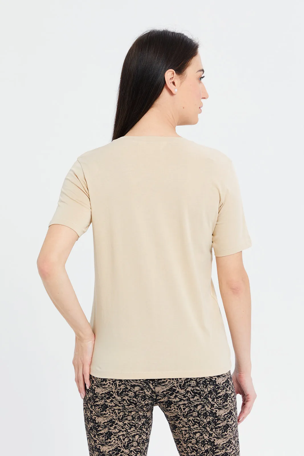 Women Beige Floral Embellished T-Shirt