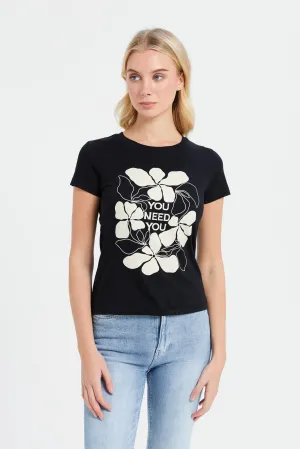 Women Black Printed T-Shirt