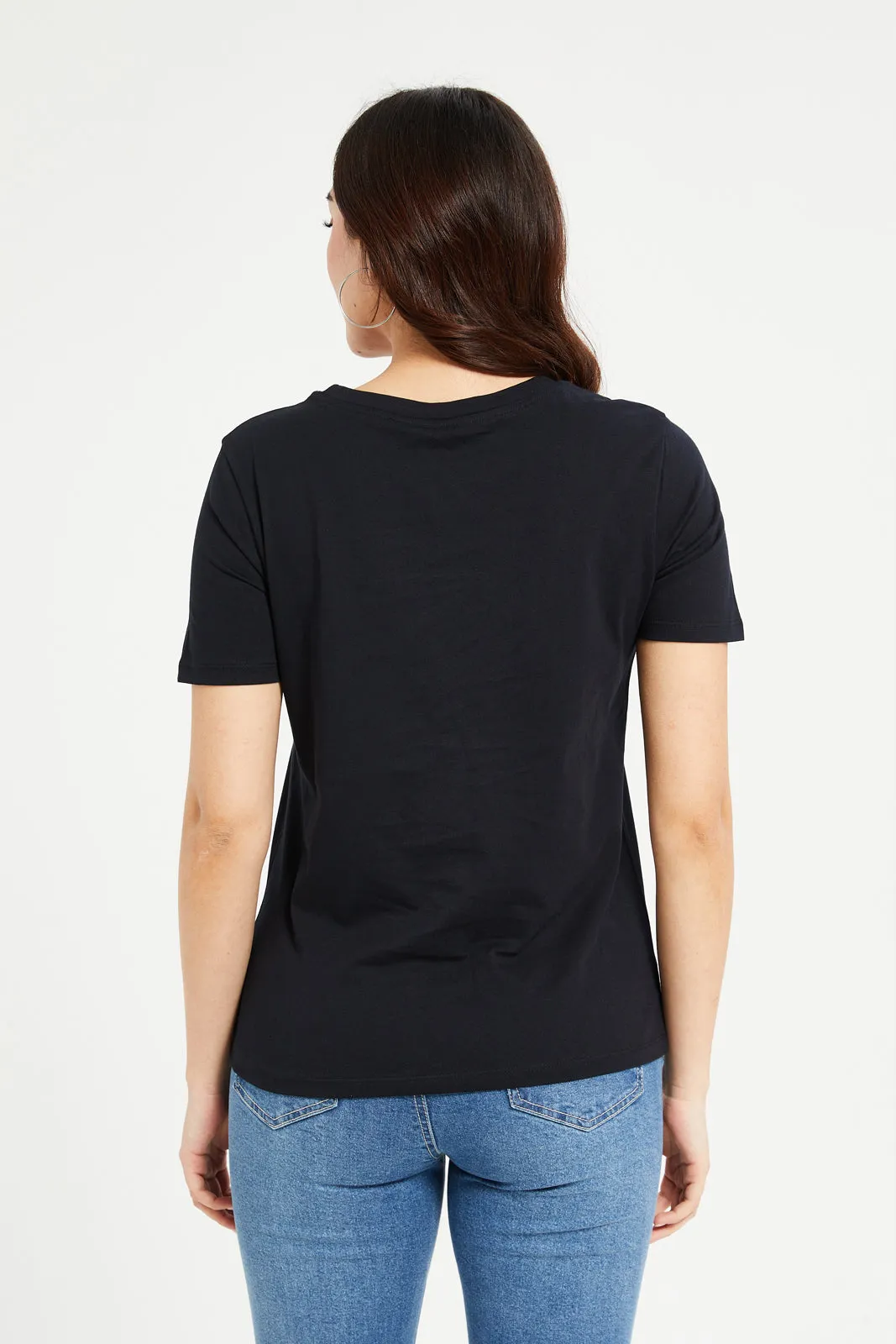 Women Black Rhinestones Embellished T-Shirt