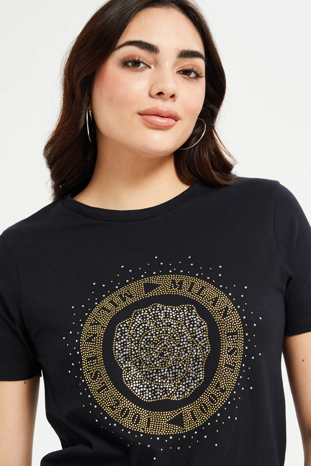 Women Black Rhinestones Embellished T-Shirt