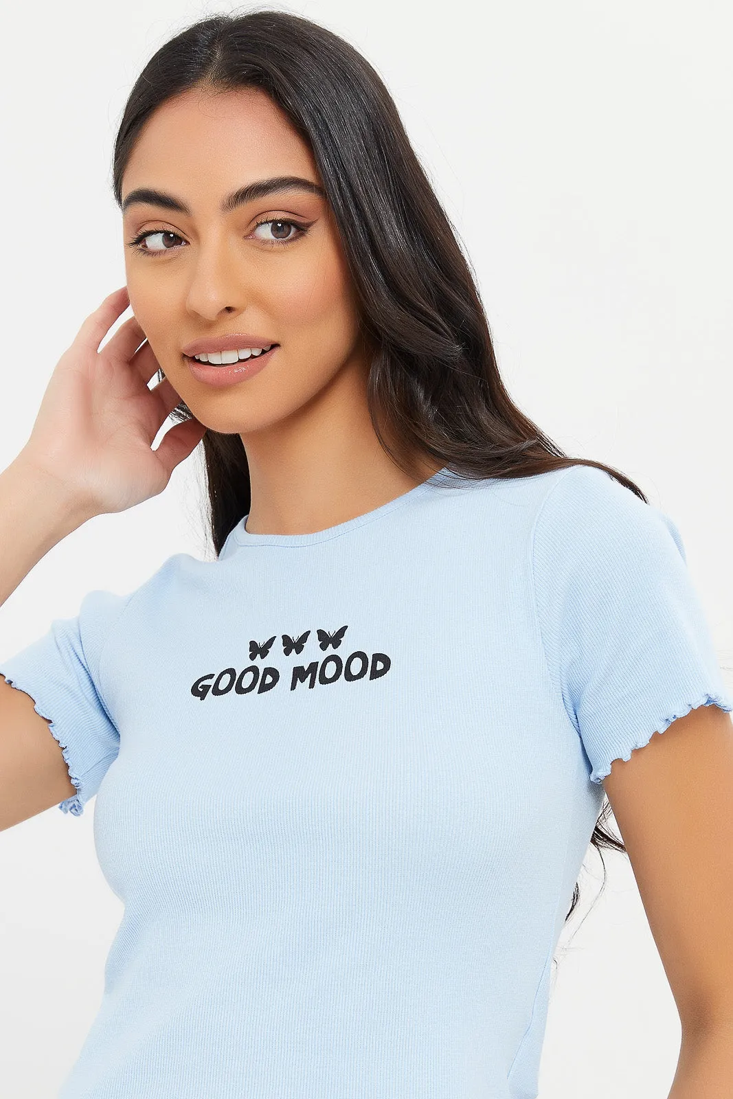 Women Blue Good Mood Printed T-Shirt