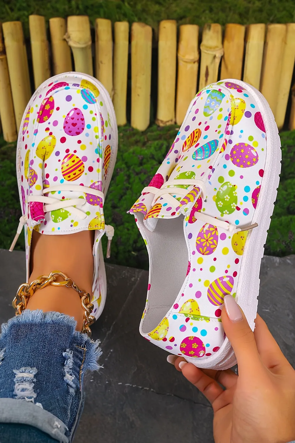 Women Easter Eggs Printed Square Toe Slip On Canvas Flats