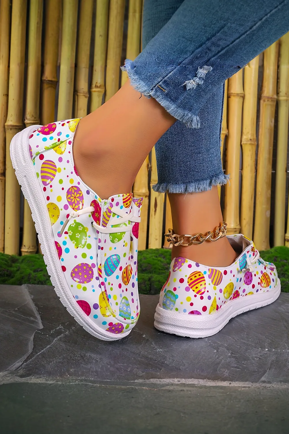 Women Easter Eggs Printed Square Toe Slip On Canvas Flats