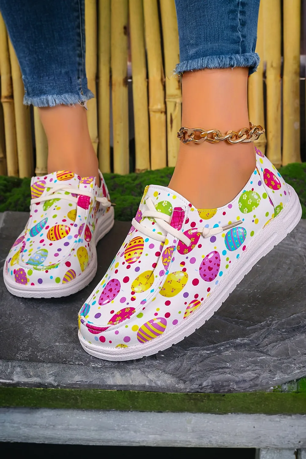 Women Easter Eggs Printed Square Toe Slip On Canvas Flats