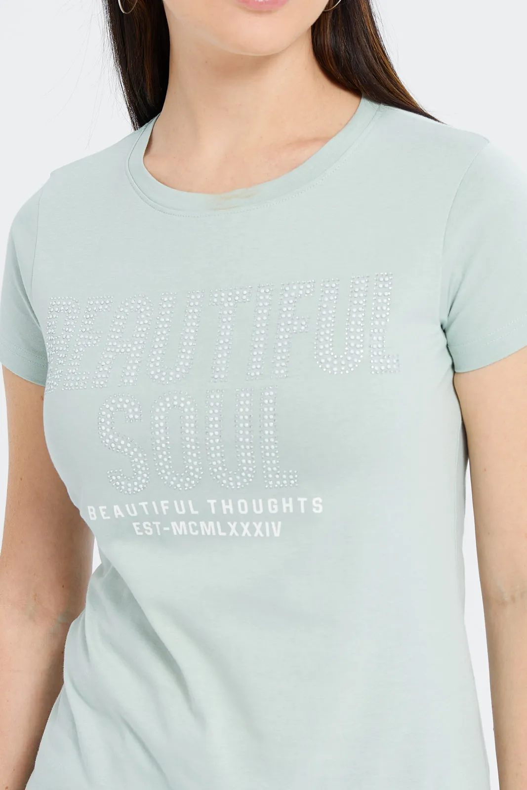 Women Mint Beautiful Embellished T-Shirt