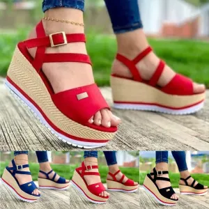 Women peep toe buckle ankle strap slingback platform wedge sandals