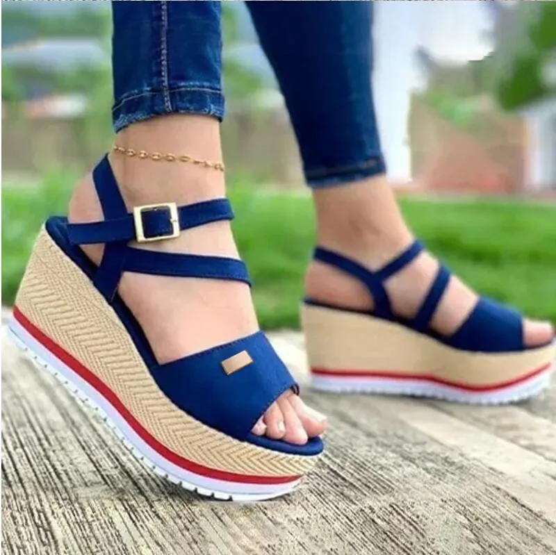 Women peep toe buckle ankle strap slingback platform wedge sandals