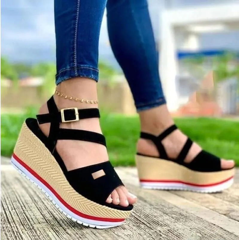 Women peep toe buckle ankle strap slingback platform wedge sandals